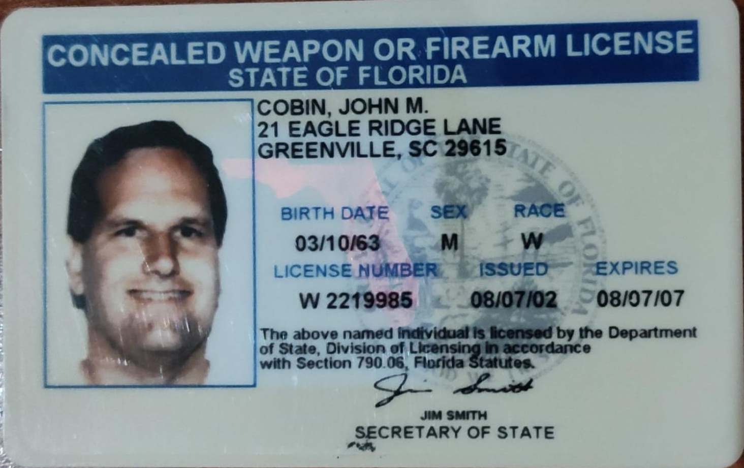 Permiso de Armas Ocultas Florida 2007 (Frente)